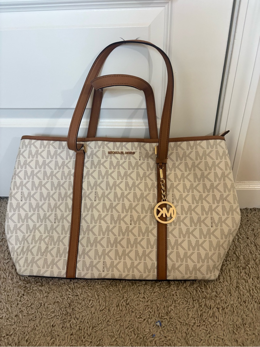 Michael Kors Cream & Brown MK Logo Tote with Gold Charm